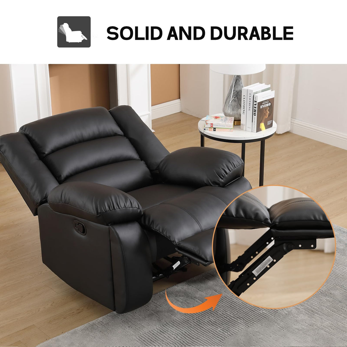 EBELLO Faux Leather Manual Recliner Chair, Single Reclining Sofa Chair Couch with 2 Concealed Cup Holders, Overstuffed Armrest Backrest for Living Room, Bedroom, Meeting Room, Black EBELLO