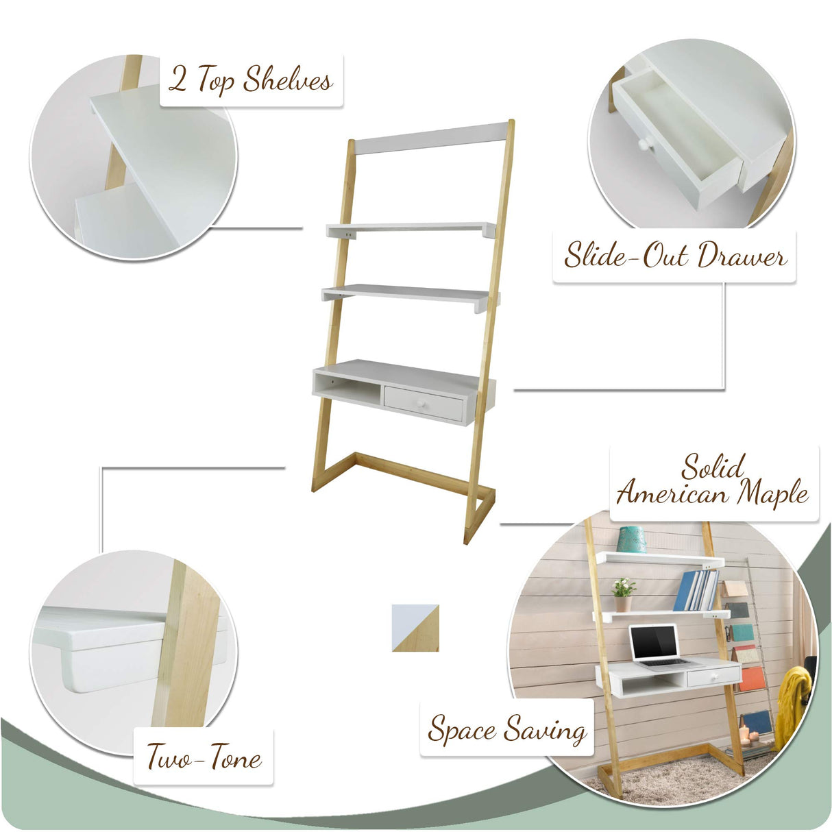 American Trails Freestanding Ladder Desk With Drawer, Natural Maple/White American Trails