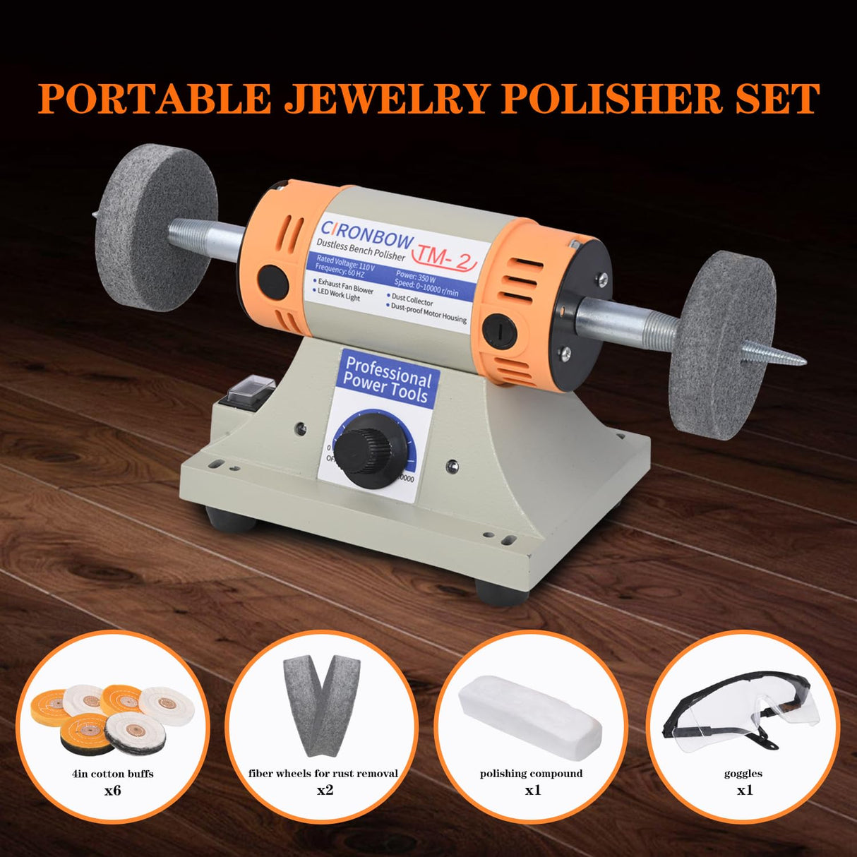 4" Jewelry Polisher & Adjustable Variable Speed Grinder Machine - With 6 Cloth Wheels & 2 Abrasive Wheels, Safety Glasses & Compound for Jewelry, Metal, Wood, Jade, Plastic Polishing & Dental Work CIRONBOW