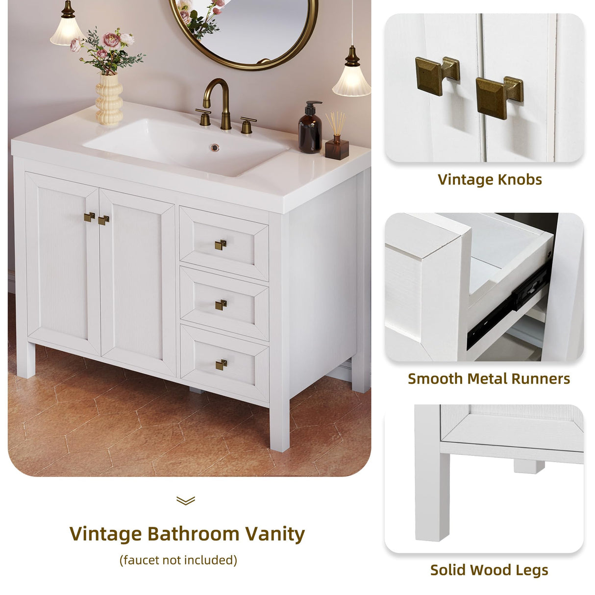 YITAHOME 42" Bathroom Vanity with Sink Set, Vintage Bathroom Cabinet Vanity with Resin Basin, Extra Large Storage with 2 Soft-Closing Doors & 3 Drawers, White YITAHOME