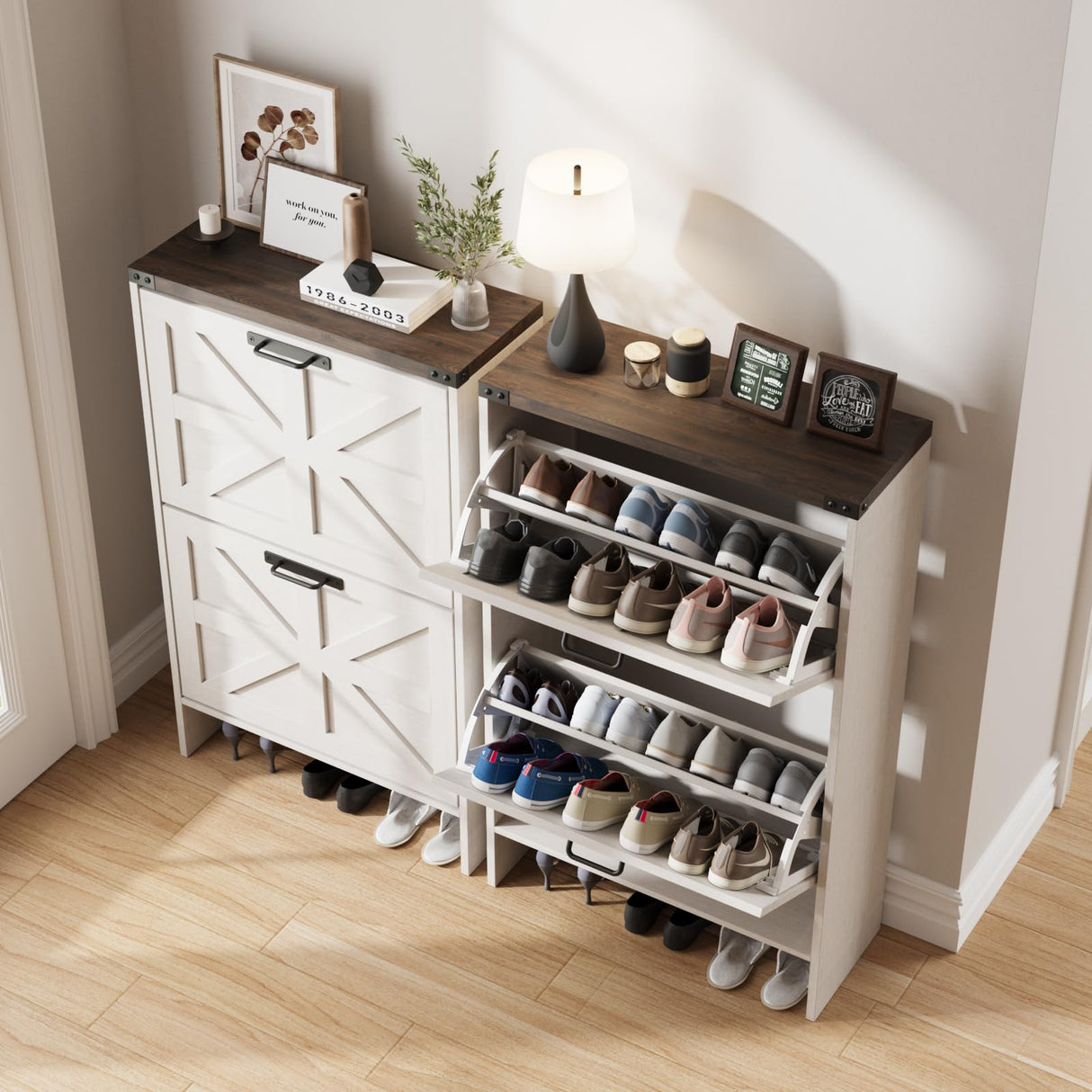 Halitaa Shoe Storage Cabinet for Entryway,Farmhouse Slim Shoe Cabinet with 2 Flip Drawers,Narrow Shoe Rack Cabinet for Entrance Hidden Shoes,White Halitaa