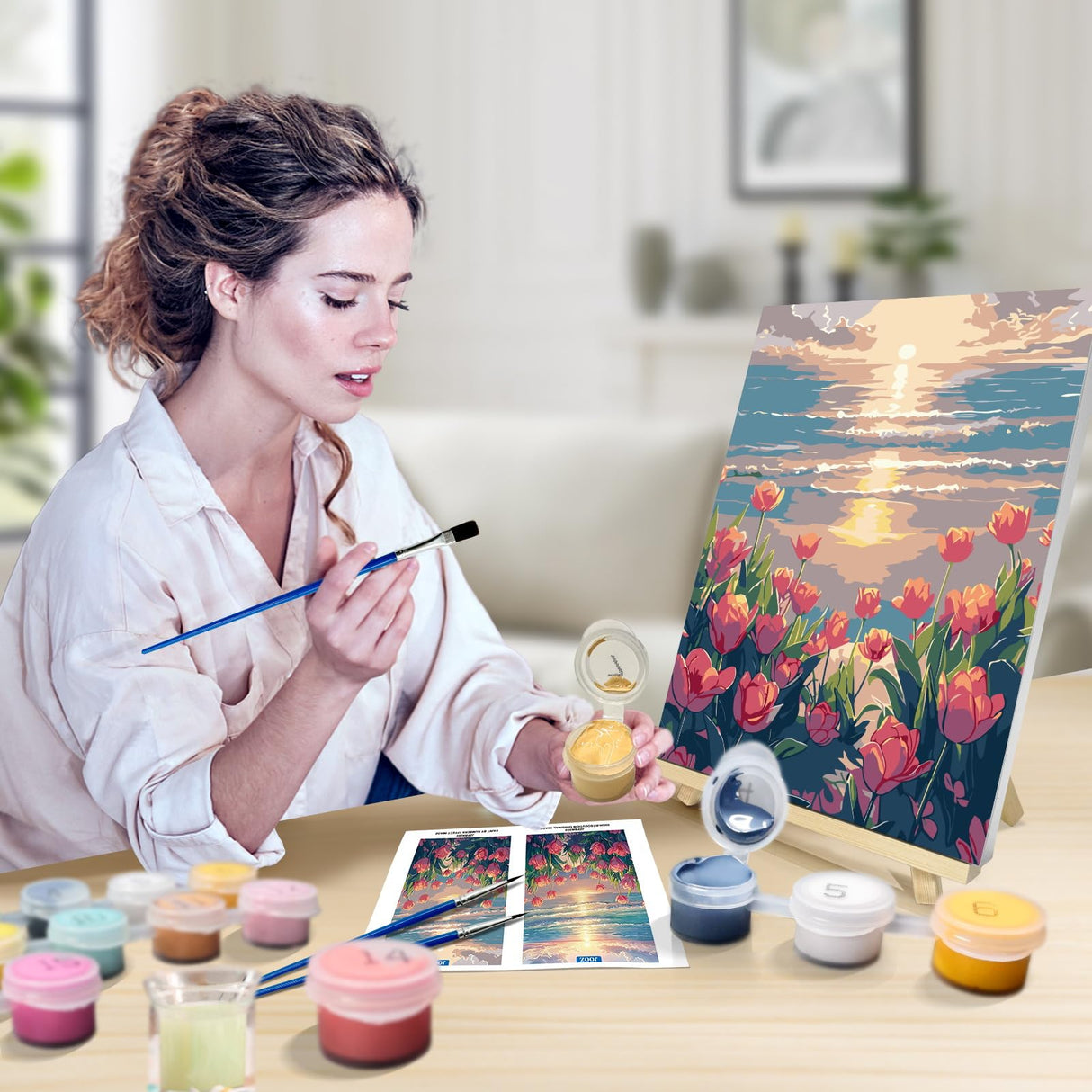 JOOZ Paint by Numbers Kit for Adults with Frame, Flowers Paint by Numbers for Adults, Seaside Sunset Paint by Number with Easel, DIY Tulip Oil Painting Kit for Home Wall Decor 8 x 12 Inch JOOZ
