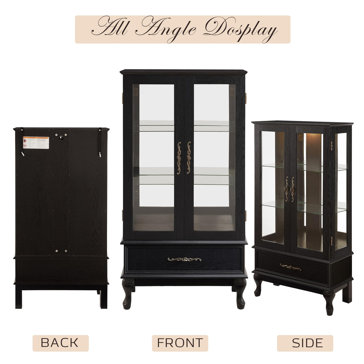 CKEASEAN Lighted Curio Cabinet, 52" H Glass Display Cabinet with Adjustable Shelves, China Cabinet with Tempered Glass Doors for Living Room, Light Blub Included (Black) CKEASEAN