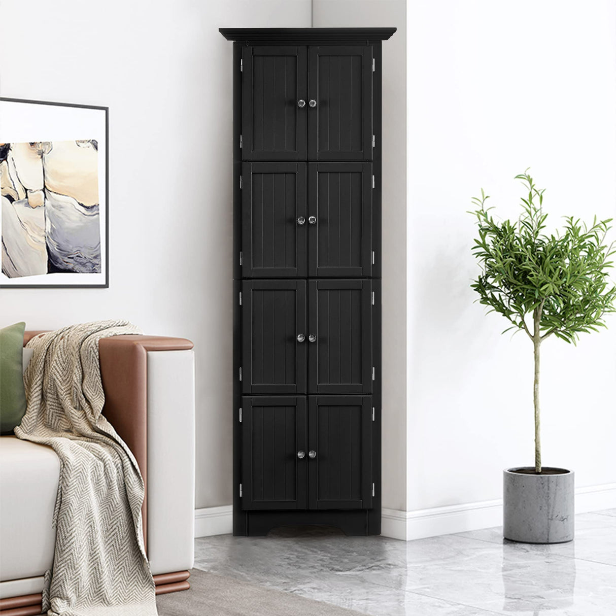 72 Inch Tall Corner Storage Cabinet with 8 Doors, 4-Tier Kitchen Pantry Storage Cabinet, for Living Room, Kitchen, Office, Bathroom, Black WoodArtSupply