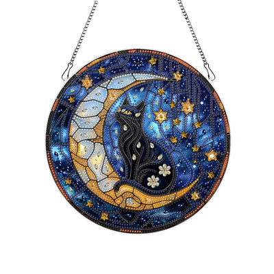 hyzsj DIY Hanging Diamond Art Pendant Painting Kit Cat,Acrylic 5D Moon Painting Window Pendants, Special Crystal Gem Craft Painting Kit Ornament