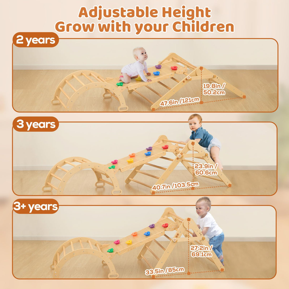 FUNLIO Foldable Pikler Triangle Set, Montessori Climbing Set with Solid Wood for Toddlers 2-5 yrs, Adjustable 5-in-1 Indoor Play Gym with Arch/Slide/Climbing Rock/Triangle, Easy to Install-Medium Size FUNLIO