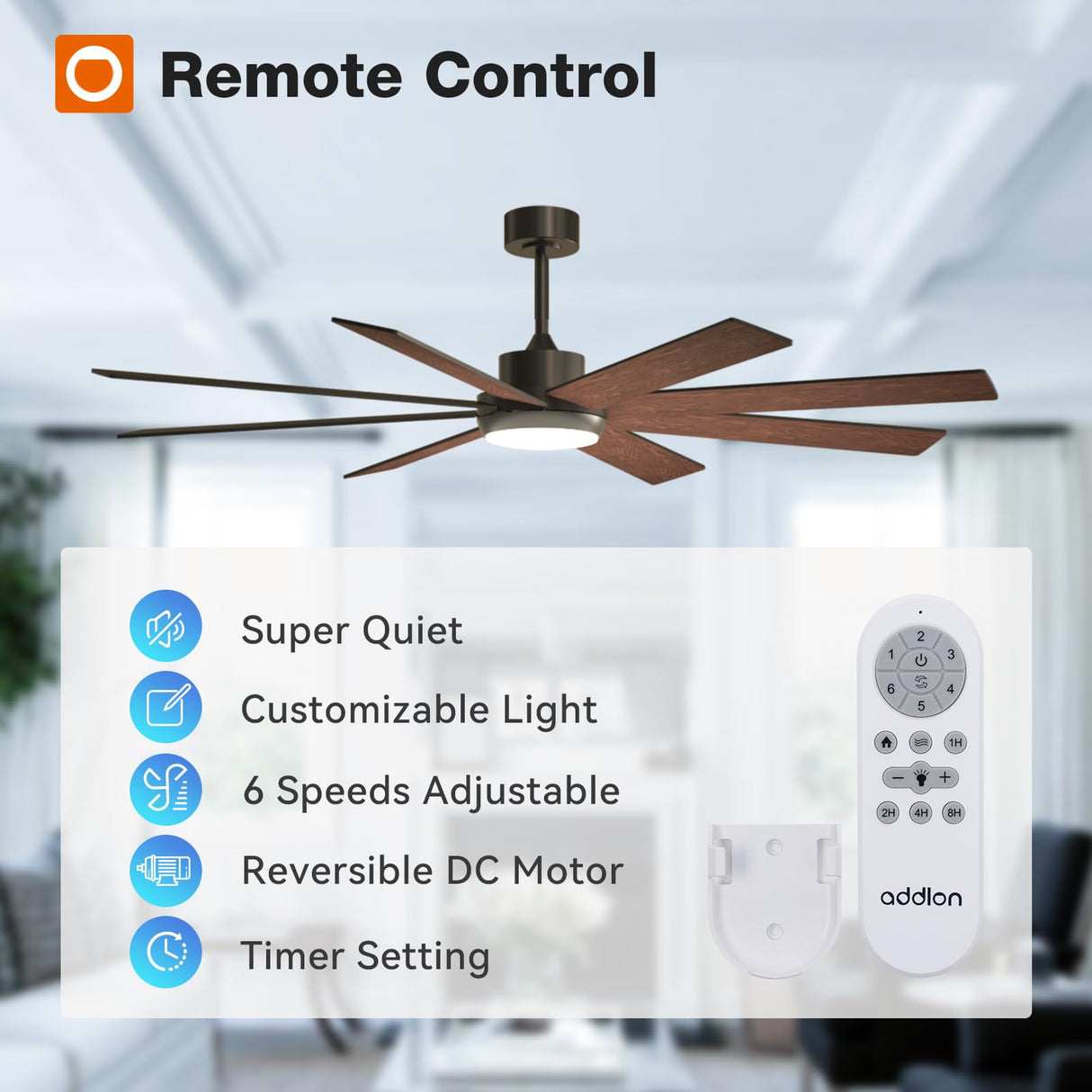 addlon 72 Inch Large Ceiling Fans with Lights, Black Ceiling Fan with Remote Control, Reversible, 5CCT, Dimmable, DC Motor, Modern Ceiling Fan for Living Room, Kitchen, Patio Indoor/Outdoor Use, addlon