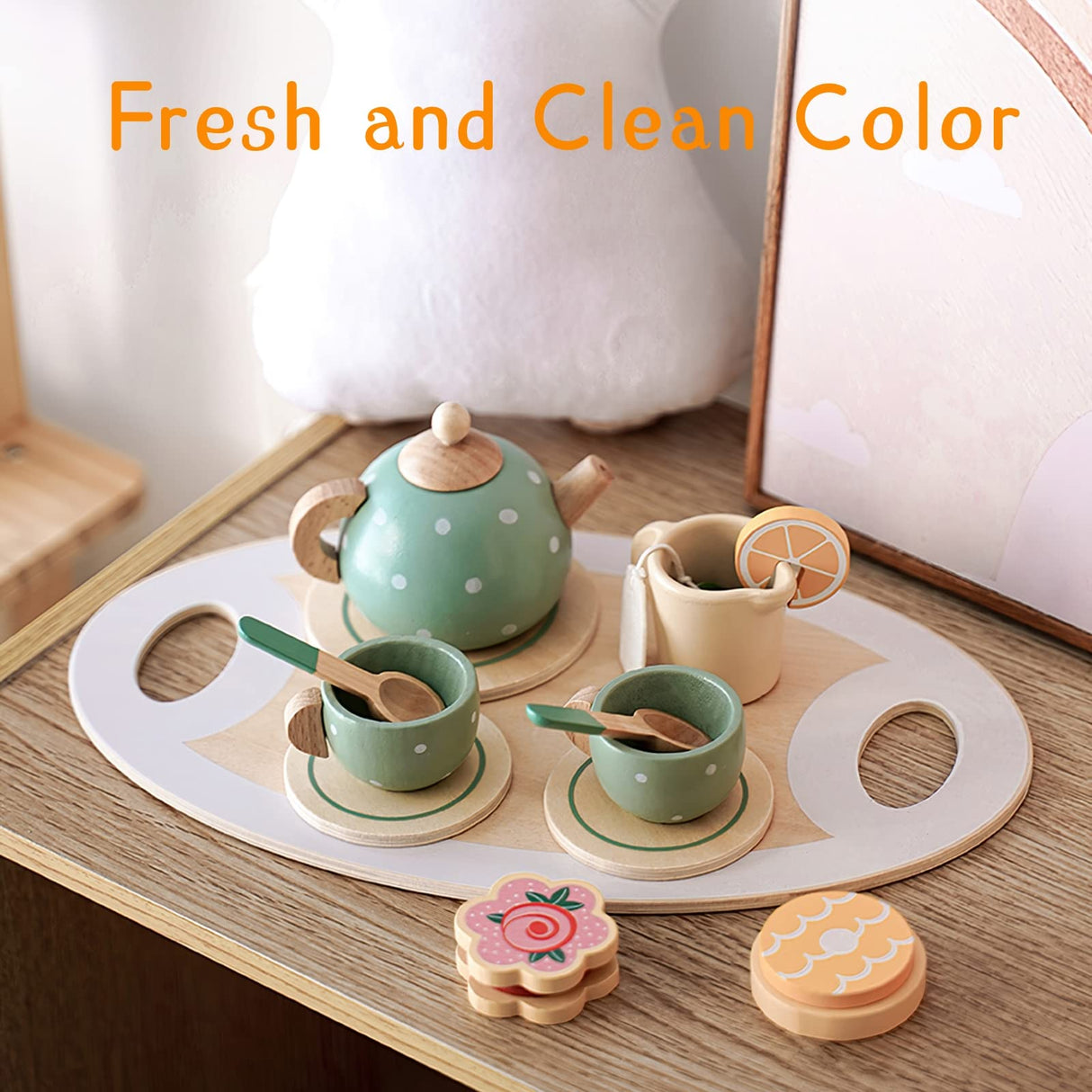 Wooden Tea Party Set for Little Girls Toys, Pretend Play Kids Tea Set for Toddlers Wood Toys, Wooden Play Food Kitchen Accessories Sets for Kid MIKNEKE