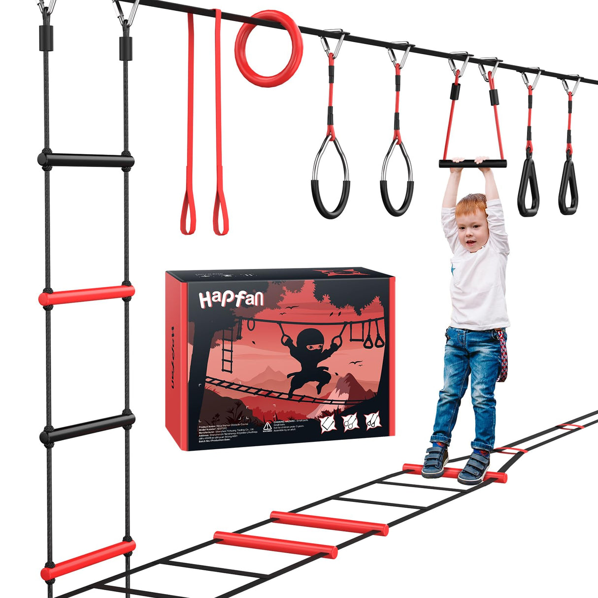 Hapfan Ninja Warrior Obstacle Course for Kids with Rickety Bridge, 50 FT Slackline Kit with Weather-Proof Obstacles, Outdoor Jungle Gym Climbing Toys for Backyard Hapfan