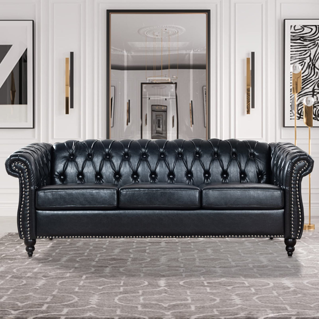 Vaztrlus Chesterfield Sofas for Living Room, Black Rolled Arm 3-Seater Leather 84" Large Couch Deep Button Nailhead Tufted Upholstered Couches for Bedroom, Office Apartment Easy to Assemble Vaztrlus