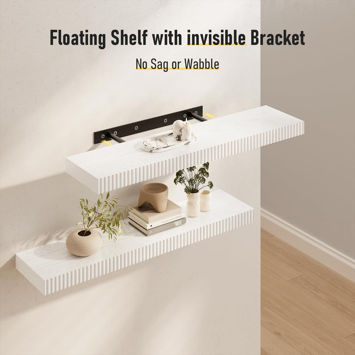 INNOD 24" Floating Shelves for Wall, Wall Mounted Wood Shelves for Bathroom, Bedroom, Living Room, Kitchen, Hanging Shelf with Invisible Brackets for Storage,Books,Home Decor (White,Set of 2) INNOD