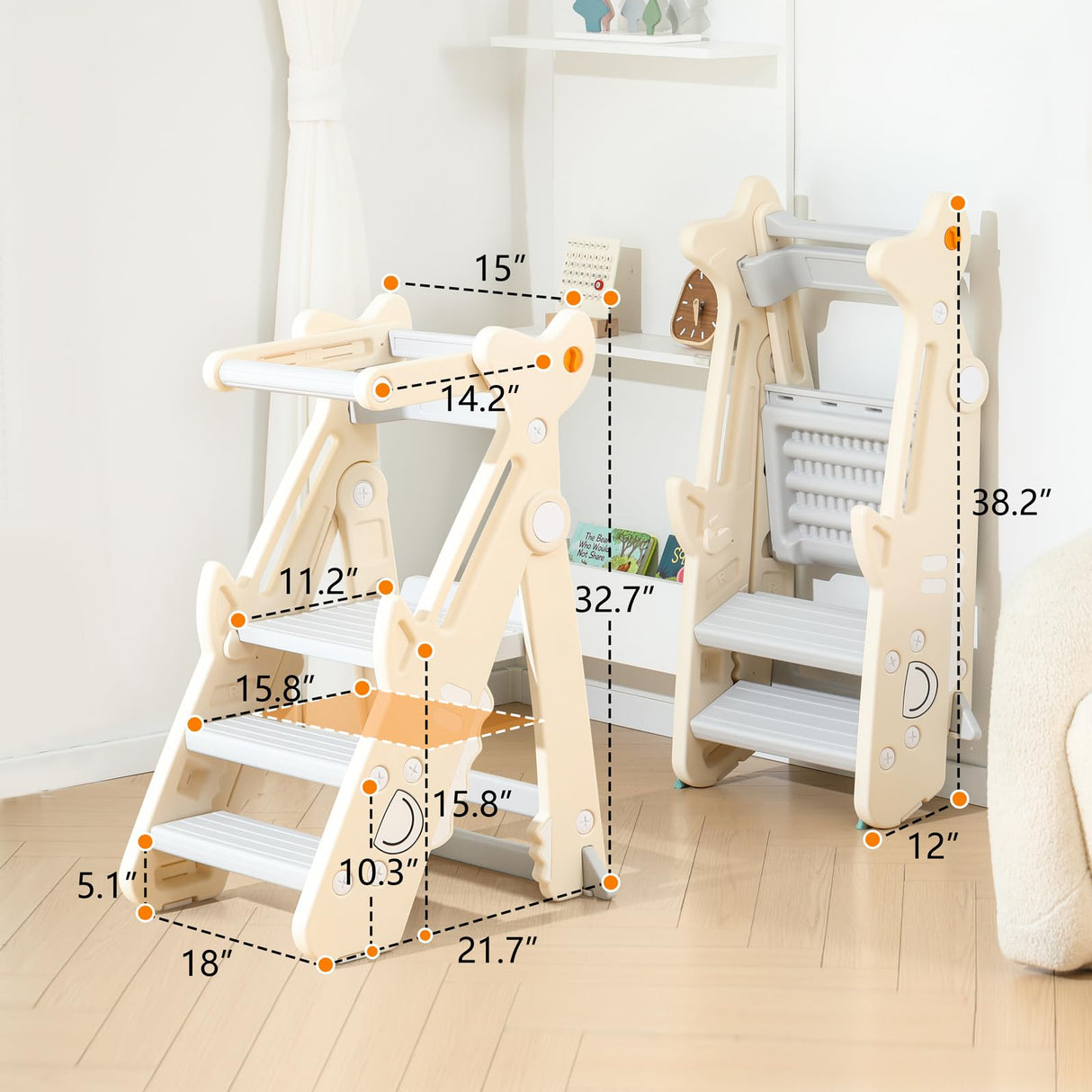 Toddler Kitchen Step Stool, Foldable Toddler Standing Tower for Toddler Kitchen Stool Helper - Adjustable Height Toddler Kitchen Stool, Removable Anti-Drop Railing Safety Rail HAPPYMATY