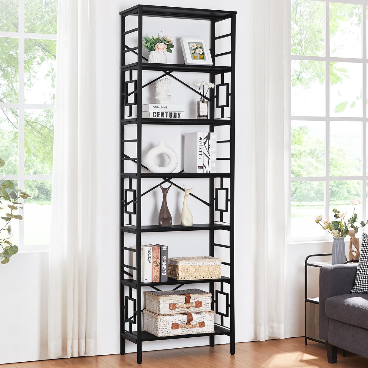 HOMISSUE Tall Bookshelf, 84 Inch Industrial Bookshelf with Metal Frame and Open Shelves, 7 Tier Metal Bookshelves and Bookcases, Rustic Tall Book Shelf for Office, Living Room and Bedroom, Black HOMISSUE