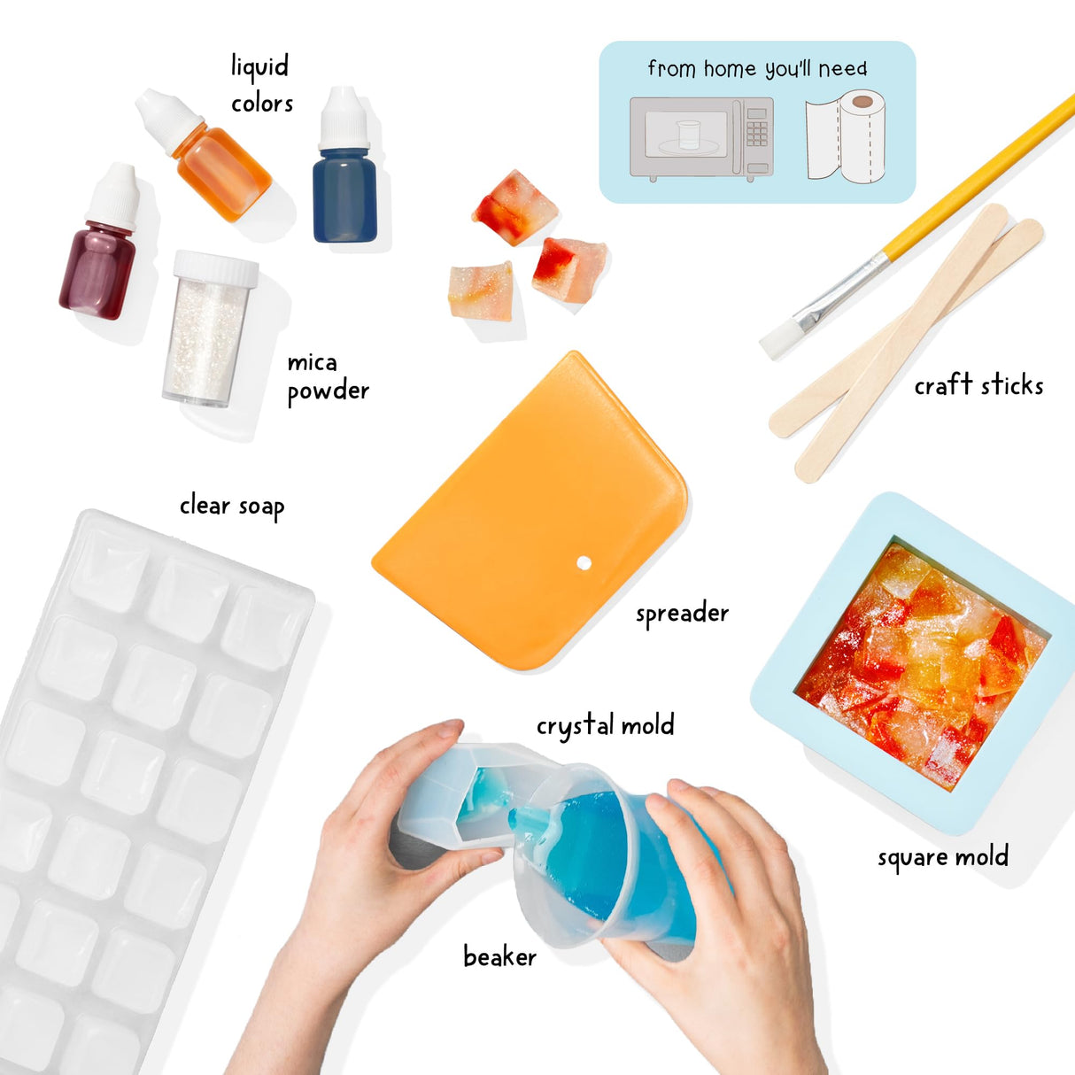 KiwiCo Crystal Geode Soapmaking Kit | Complete Set Includes Beaker, Clear Soap, Molds, Mixing Sticks, Mica Powder, Liquid Colors & More | DIY Soap Making Kit for Kids Ages 7+ KiwiCo