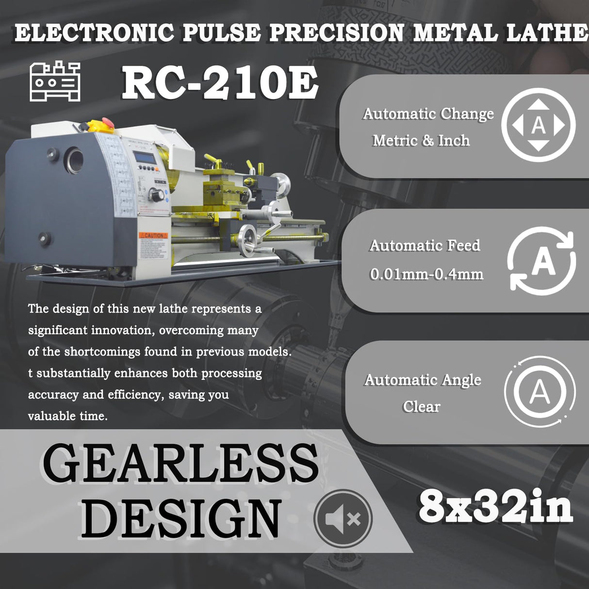 INTBUYING 8"x32" Benchtop Metal Lathe Machine 1100W Brushless Gearless Motor 50-2500RPM, Horizontal Design for Precision Metal/Wood Working Imperial/Metric Conversion, RC-210E 110V INTBUYING