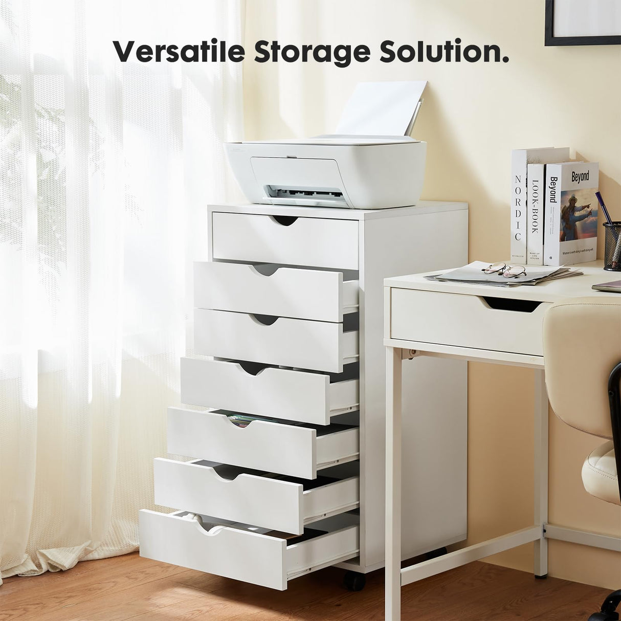 7 Drawer Chest, Storage Cabinet Dressers with Wheels, Dressers Storage Cabinets, Dresser Mobile Cabinet with Wheels, Room Organizer, Small Drawers Wood Organization Furniture for Office, Home, White Simple Deluxe