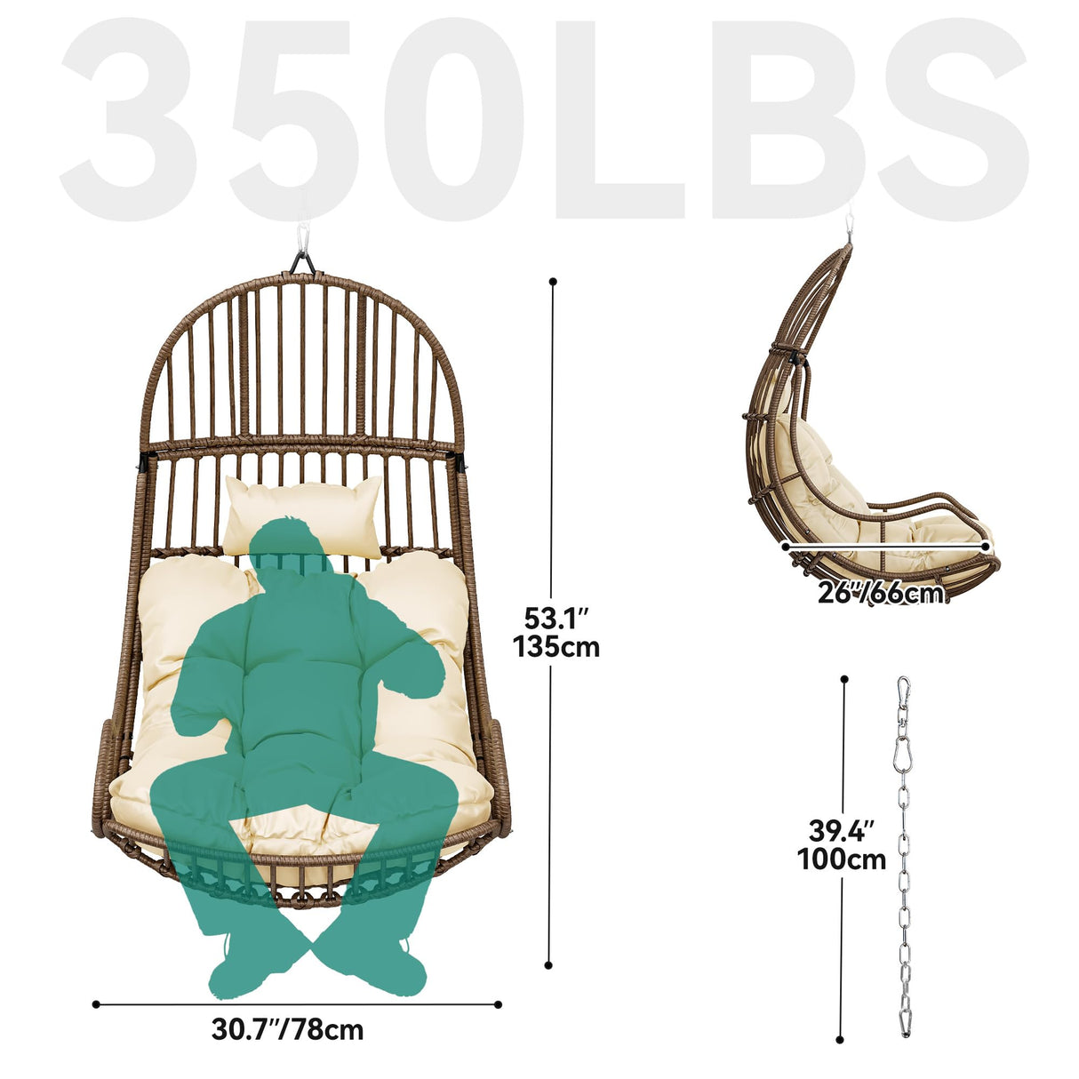 YITAHOME Hanging Egg Swing Chair Egg Chair Wicker Indoor Outdoor Hammock Egg Chair with Cushions 330lbs for Patio, Bedroom, Garden and Balcony, Beige (Stand not Included) YITAHOME