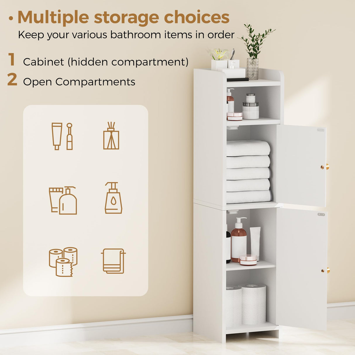 BEWISHOME Small Bathroom Cabinet ,Bathroom Storage Cabinet with Adjustable Shelves & 2 Doors,Narrow Toilet Paper Cabinets,7.9 x 7.9 x 31.5 Inches, for Small Spaces, White YYG03W BEWISHOME