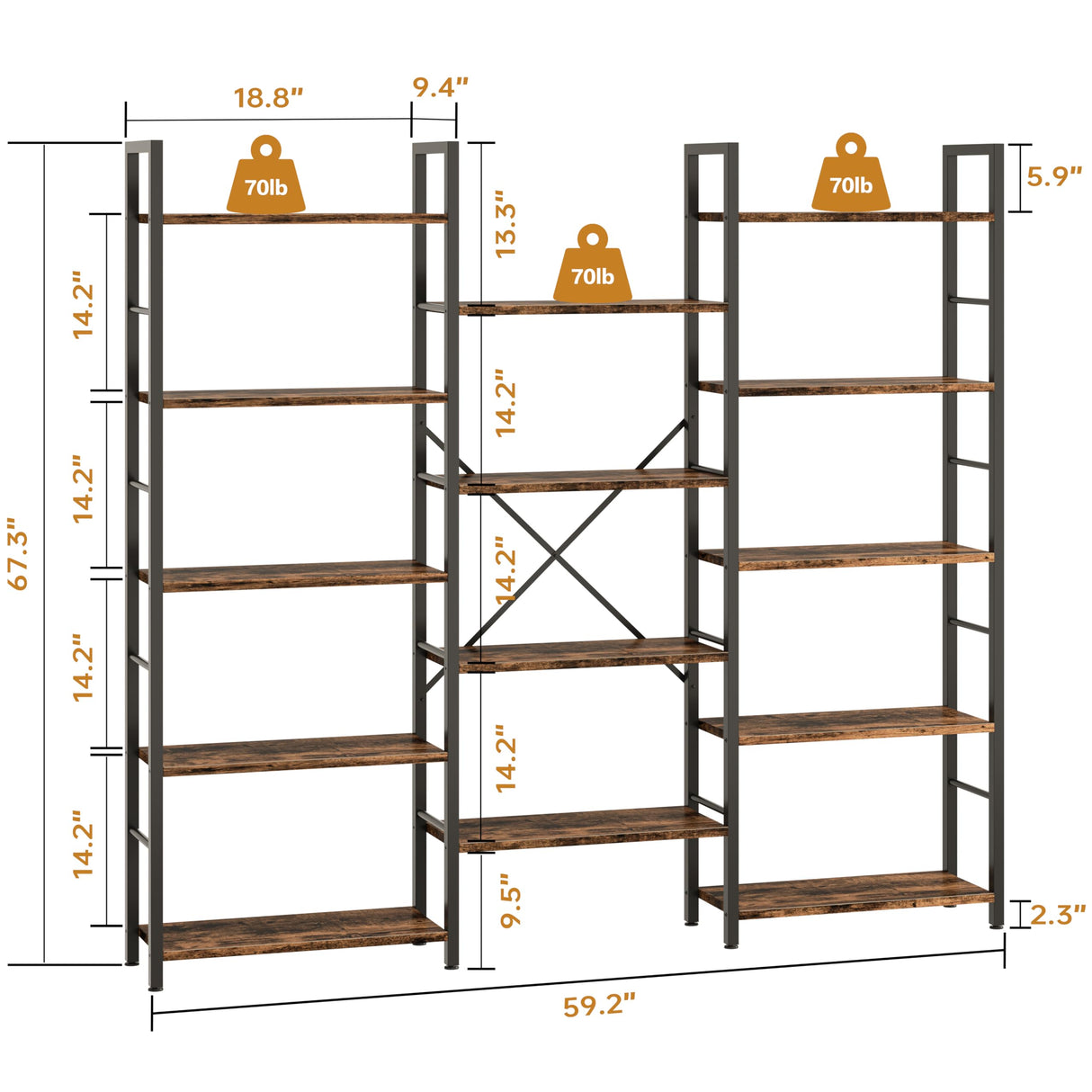 Shintenchi Triple Column 5 Tier Bookshelf, Industrial Large Bookcase Display Shelves, Large Etagere Bookshelf,Wide Book Shelf Book Case for Home & Office, Rustic Brown Shintenchi