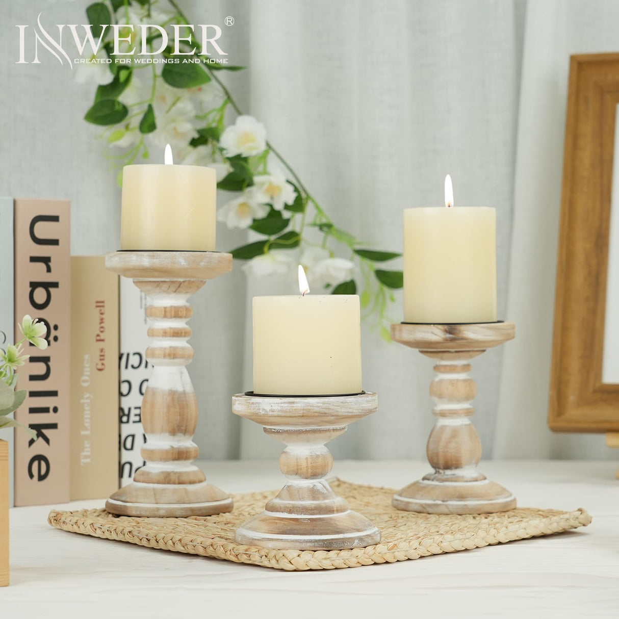 Inweder Wood Pillar Candle Holder: 3Pcs Rustic White Candle Holders for Pillar Candles Wood Candle Holders Distressed Wooden Farmhouse Candle Holder Large Rustic Candle Holder for Fireplace Table Inweder