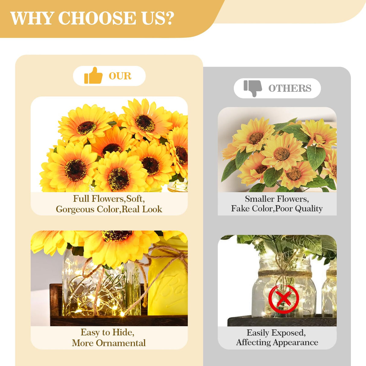 BLEUM CADE Centerpieces Table Decorations - 3Pcs Sunflowers Artificial Flowers in Mason Jars with Wood Tray, Dining Table Centerpiece Decor, Coffee Table Farmhouse Living Room Home Decorations BLEUM CADE