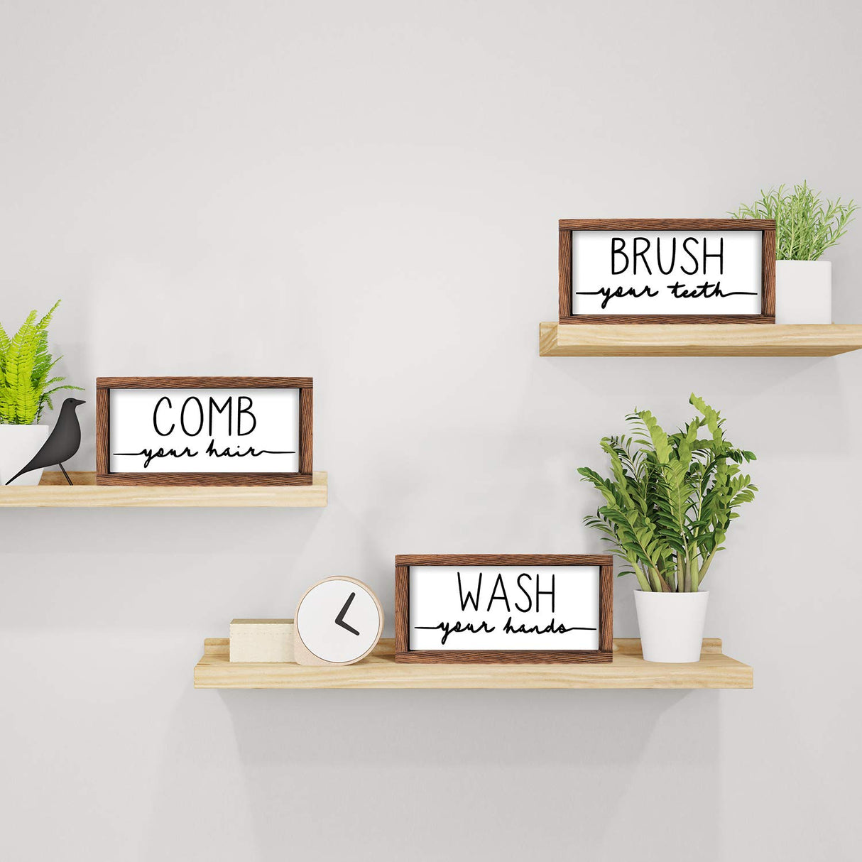 LIBWYS Bathroom Sign & Plaque (Set of 3) Wash Your Hands Brush Your Teeth Comb Your Hair Decorative Rustic Wood Farmhouse Bathroom Wall Decor (White) LIBWYS