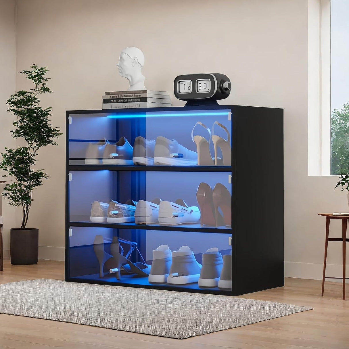 Shoe Storage Box - 3-Tier Wooden Shoe Storage Box with Flip Glass Door - Shoe Organizer Storage Box with RGB Led Light for Up to 9-12 Pairs of Shoes. (3 Tier) LGLRTD