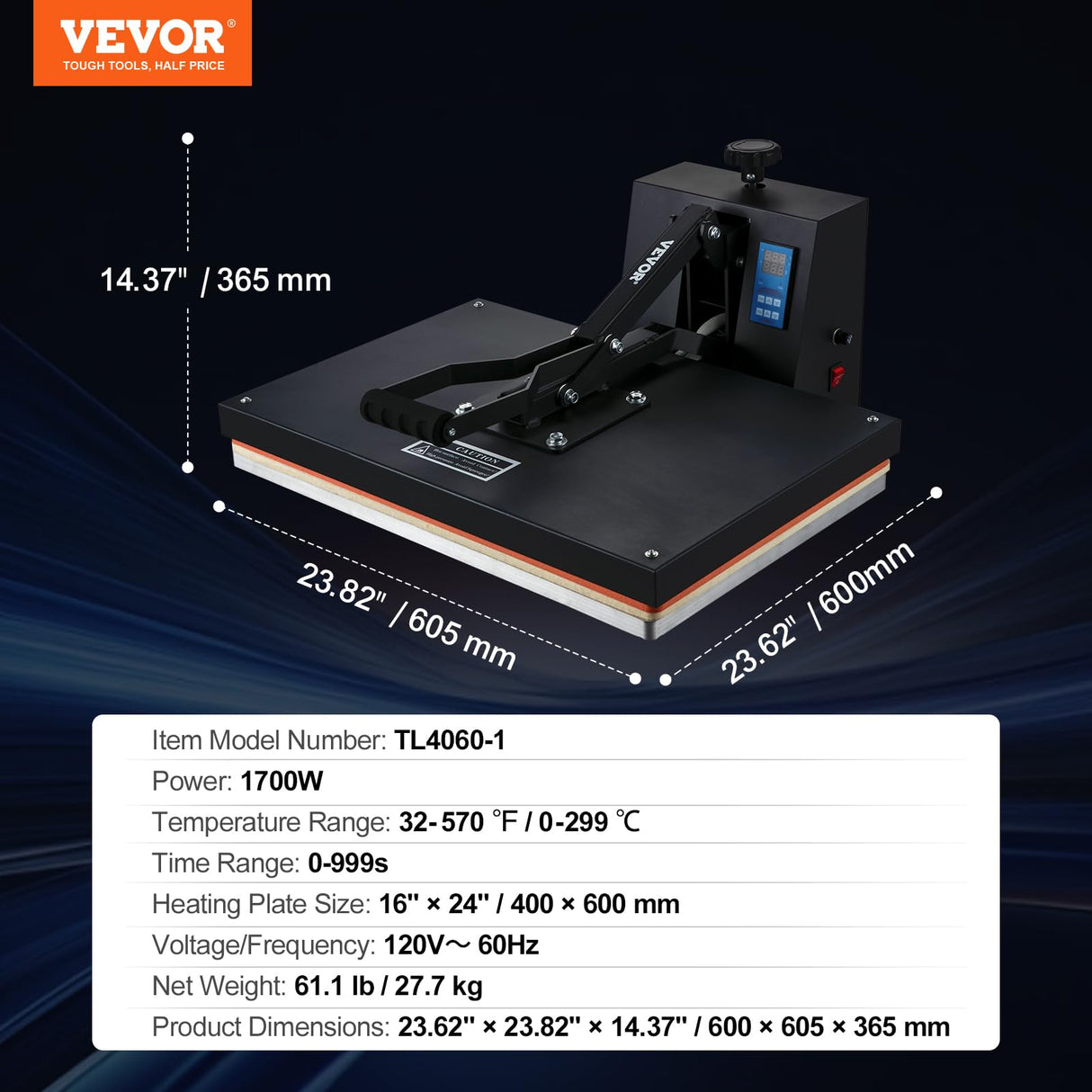 VEVOR Heat Press 16x24, 1700W Power Heat Press Machine, Fast Heating, High Pressure Heat Press Machine for T-Shirt, Digital Industrial Sublimation Printer for Heat Transfer Vinyl, Easy to Use, Black VEVOR