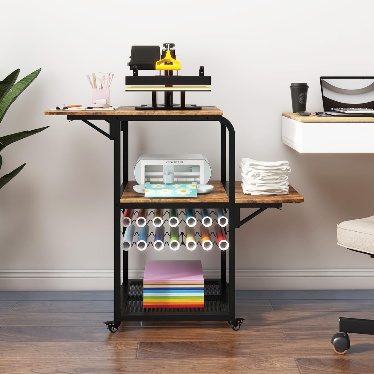 PUNCIA Movable Heat Press Table with Vinyl Roll Holder Table for Heat Press with Folding Shelf DIY Sublimation Transfer Machine Workbench with Storage Rolling Craft Table Heat Press Cart with Wheels PUNCIA