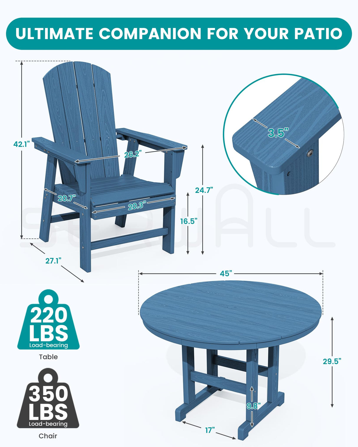 SERWALL 5-Piece Patio Dining Sets, HDPE Outdoor Table and Chairs Furniture Set, 45" Round Dining Table and 4 Adirondack Dining Chair, Navy SERWALL