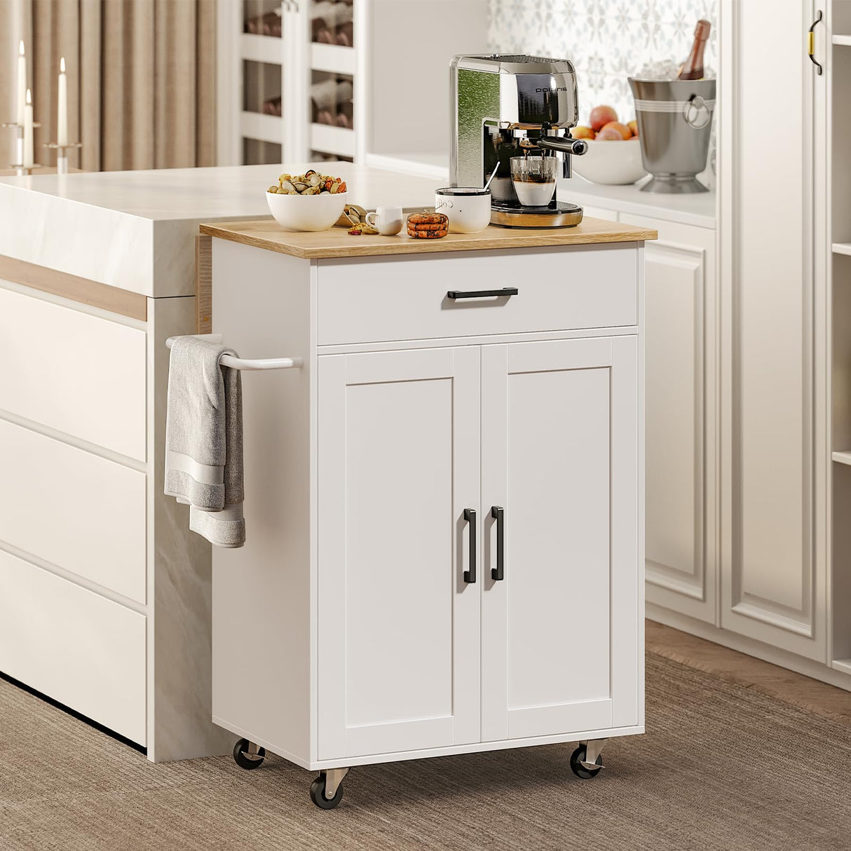 MAHANCRIS Kitchen Island on Wheels with Drop Leaf, Folding Countertop Kitchen Island Cart, Kitchen Island Table with Towel Rack, Drawer, for Kitchen, Dining Room, White and Natural KINW12501 MAHANCRIS