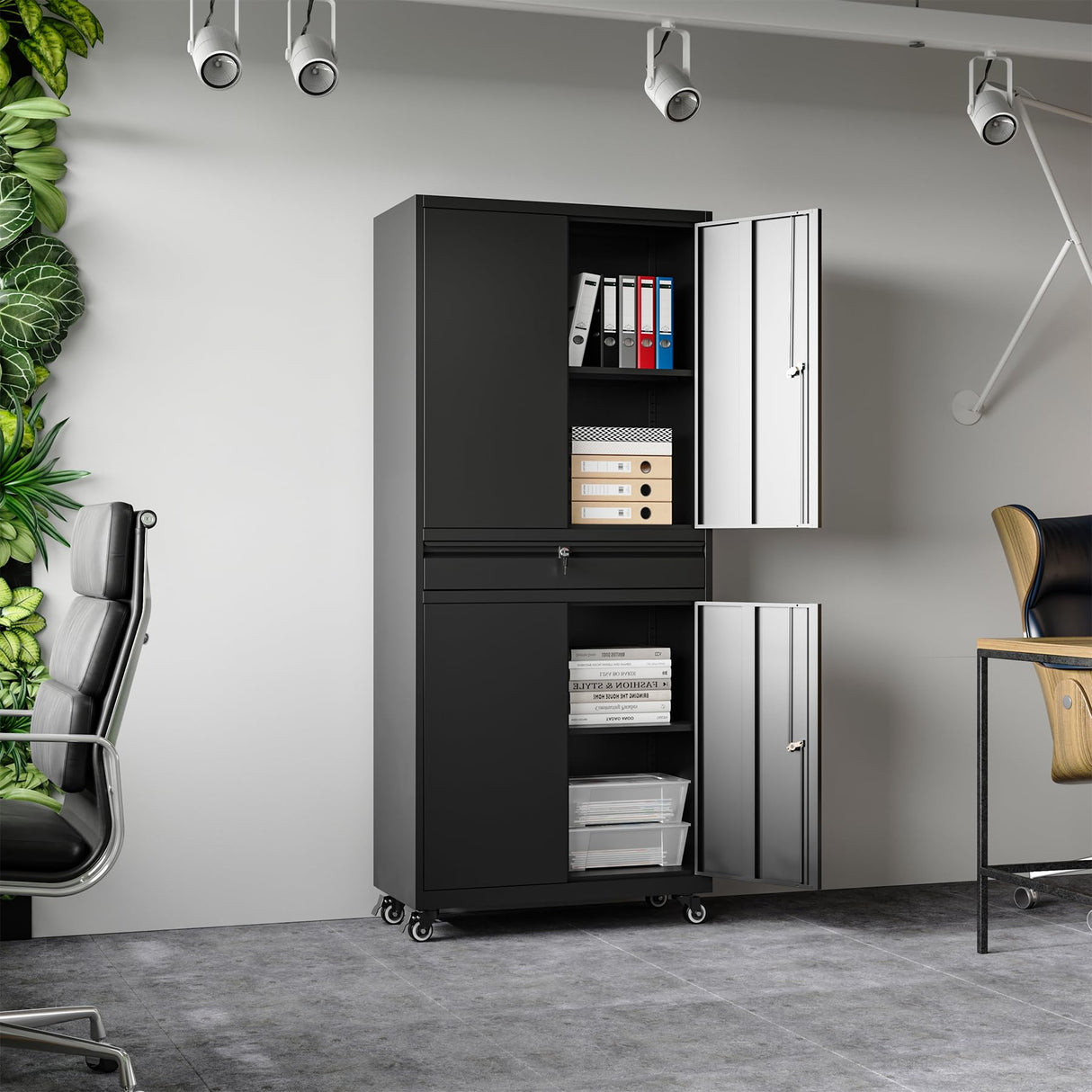 BYNSOE Metal Storage Cabinet with Wheels Metal Garage Cabinet with Adjustable Shelves Tool Storage Cabinet with 1drawer Steel Locker Cabinet with Lock for Home Garage (Black-73 4 casters) BYNSOE