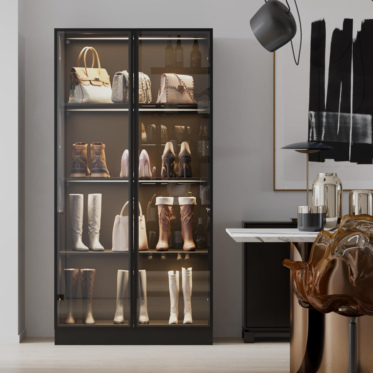 GLAUBIO Display Cabinet for Collectibles 4 Tier Metal Storage Cabinet Black Curio Cabinet with Glass Doors,Collectibles Toy Organizers Rack & Display Shelf,Kitchen Pantry for Home Office, Living Room GLAUBIO