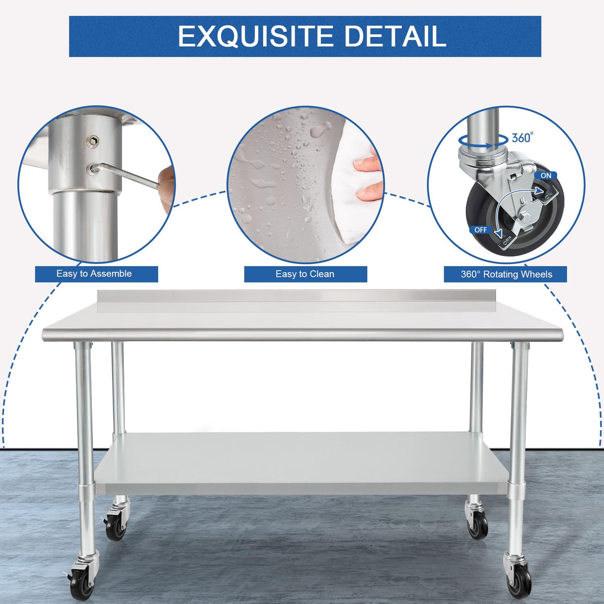 HARDURA Stainless Steel Table 24 x 60 Inches with Wheels Casters NSF Heavy Duty Commercial Prep Table with 2” Backsplash and Adjustable Undershelf for Restaurant Kitchen Home and Hotel HARDURA Restaurant Equipment