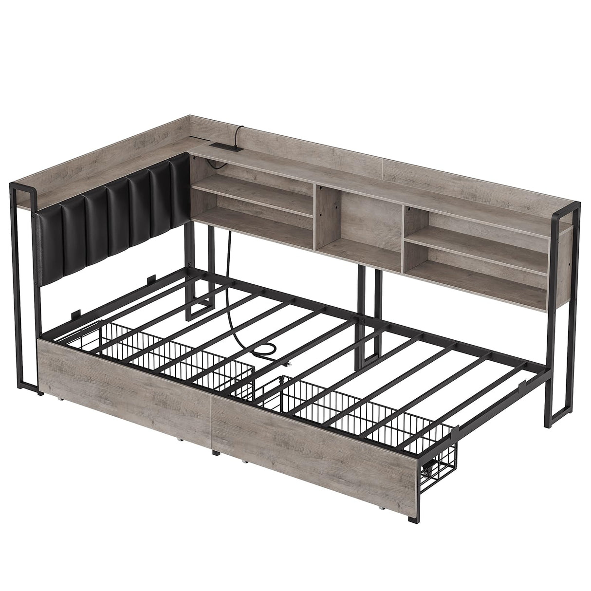 RALGEND Corner Bed Frame with Bookcase Storage and PU Upholstered, Twin Daybed with 2 Drawers and Charging Station, Metal Platform Bed Fram for Living Room, Bedroom, Guest Room, Gray and Black RALGEND