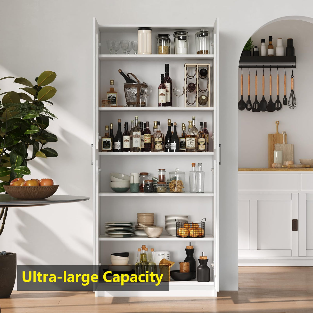 White Tall Kitchen Pantry Cabinet Organizers and Storage with Doors and Adjustable Shelves,Wood Large Gabinetes Para Cocina Office Bookshelf for Laundry Room Cabinets (31.5”W*15.7”D*71”H) Fenghua Lizhi