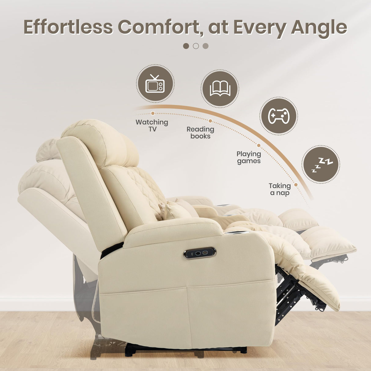 CALIVIA Wall Hugger Power Reclining Sofa with Manual Adjustable Headrests, Electric Recliner Couch with Drop-Down Table, Power Recliner Sofa 3-Seater with Charging Ports for Living Room (Beige) CALIVIA