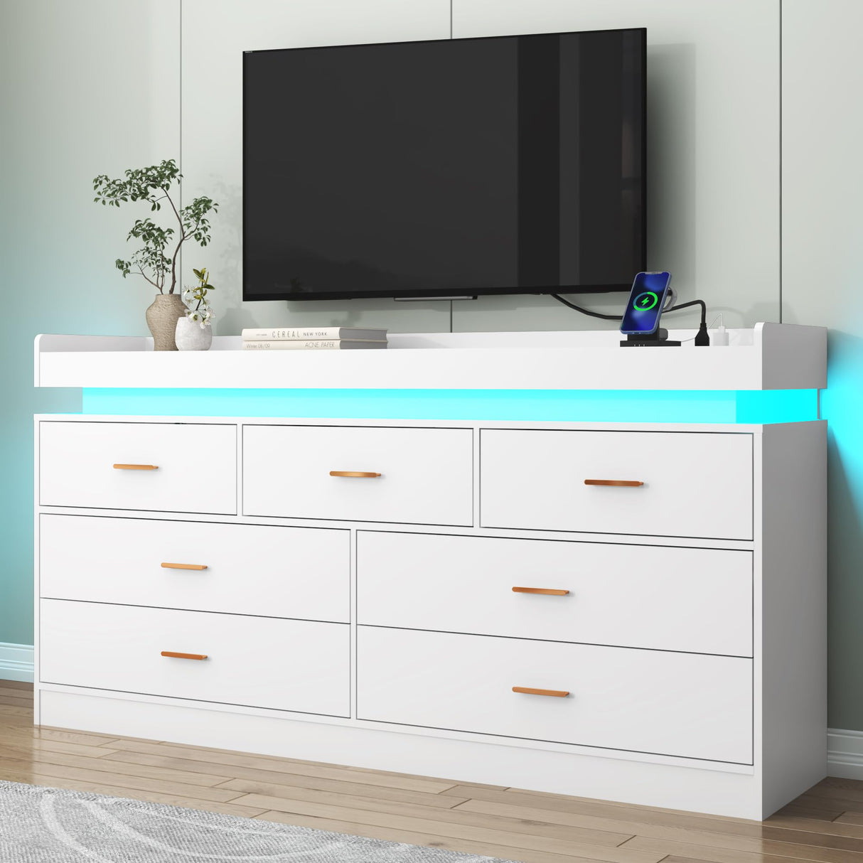 Hlivelood 7 Drawer Dresser with LED Light and Charging Station, Modern Chest of Drawers for Closet, Wide Drawer Organizer Cabinet for Bedroom, Living Room, Entryway, Hallway, White Hlivelood