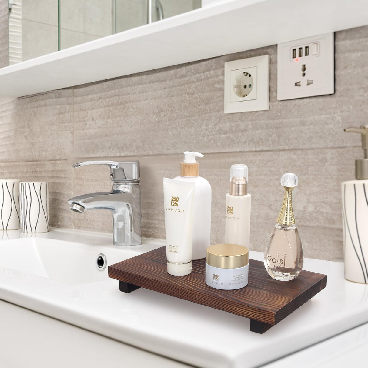 Farmhouse Wooden Bathroom Tray Small Kitchen Countertop Trays Decorative Wood Riser Pedestal Stand Dish Soap Dispenser Holder for Kitchen Counter Bathroom Sink Organizer Accessories Decor Vanity Tray Ayiaren