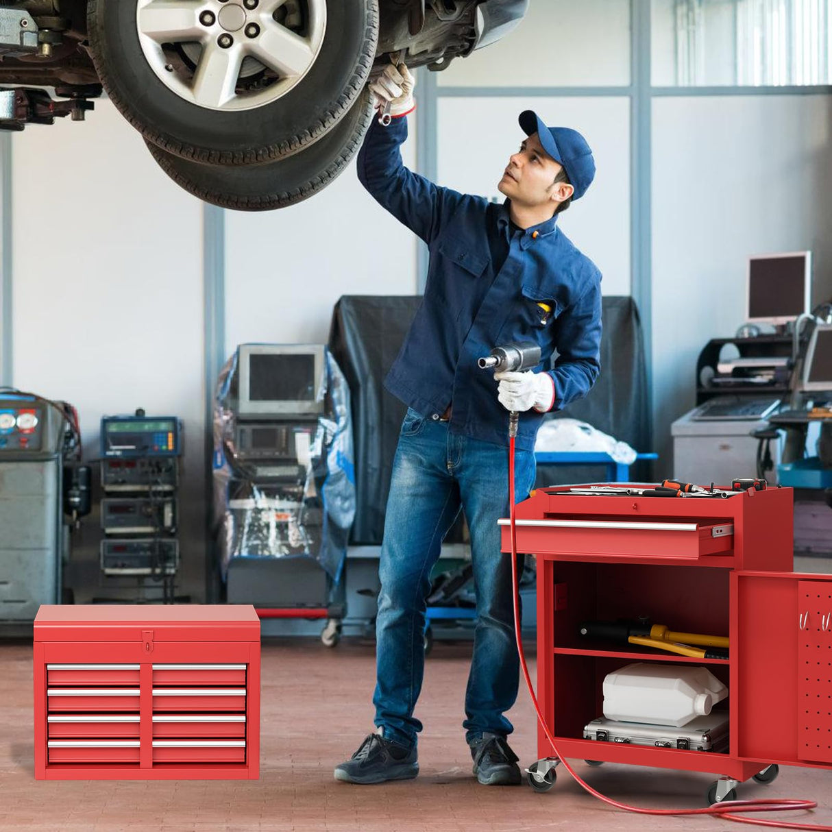 Goplus Tool Chest, 5 Drawers Rolling Tool Cabinet with Detachable Top Toolbox, Universal Lockable Wheels, Lock Bar, Protective Liner & Tool Rack, Metal Tool Storage Cart, Tool Box for Garage Workshop Goplus