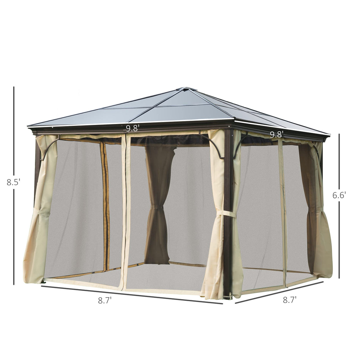 Outsunny 10' x 10' Hardtop Gazebo Canopy with Polycarbonate Roof, Aluminum Frame, Permanent Pavilion Outdoor Gazebo with Netting, for Patio, Garden, Backyard, Deck, Lawn, Beige Outsunny