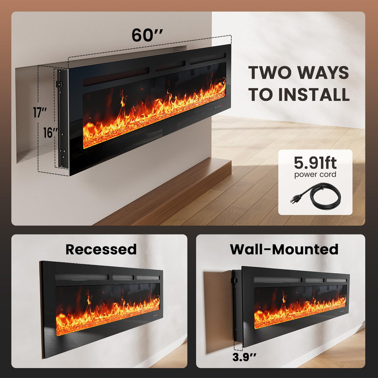Silonn 60″ Electric Fireplace Heater with App & Remote Control, 5300 BTU Heat Output, Ultra-Slim Wall-Mounted or Recessed Electric Fireplace Inserts with Timer, 20 Flame Colors, SLELF02B-60 Silonn
