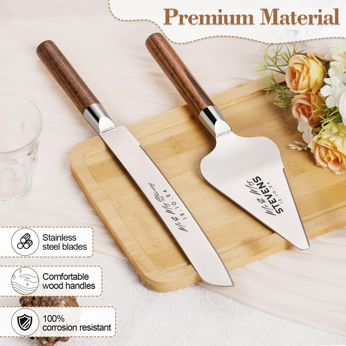TUKDAK Personalized Cake Cutting Set for Wedding, Cake Knife and Server Set Free Engraving, Custom Wooden Dessert Pie Cutter Serving Quinceañera TUKDAK