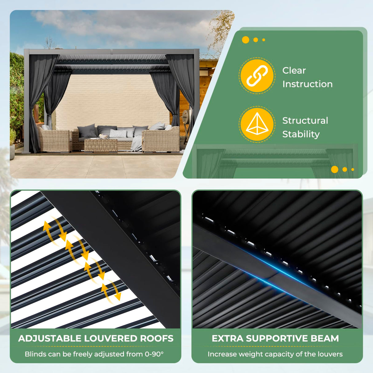 LVUYOYO 10' x 13' Outdoor Louvered Pergola, Metal Aluminum Pergola with Adjustable Roof, Waterproof Gazebo with Curtains and Netting for Patio, Backyard, Garden, Deck (Black) LVUYOYO