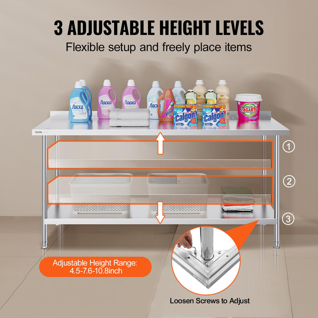 VEVOR 24 x 72 x 36 Inch Stainless Steel Work Table, Commercial Food Prep Worktable Heavy Duty Prep Worktable, Metal Work Table with Adjustable Height for Restaurant, Home and Hotel VEVOR