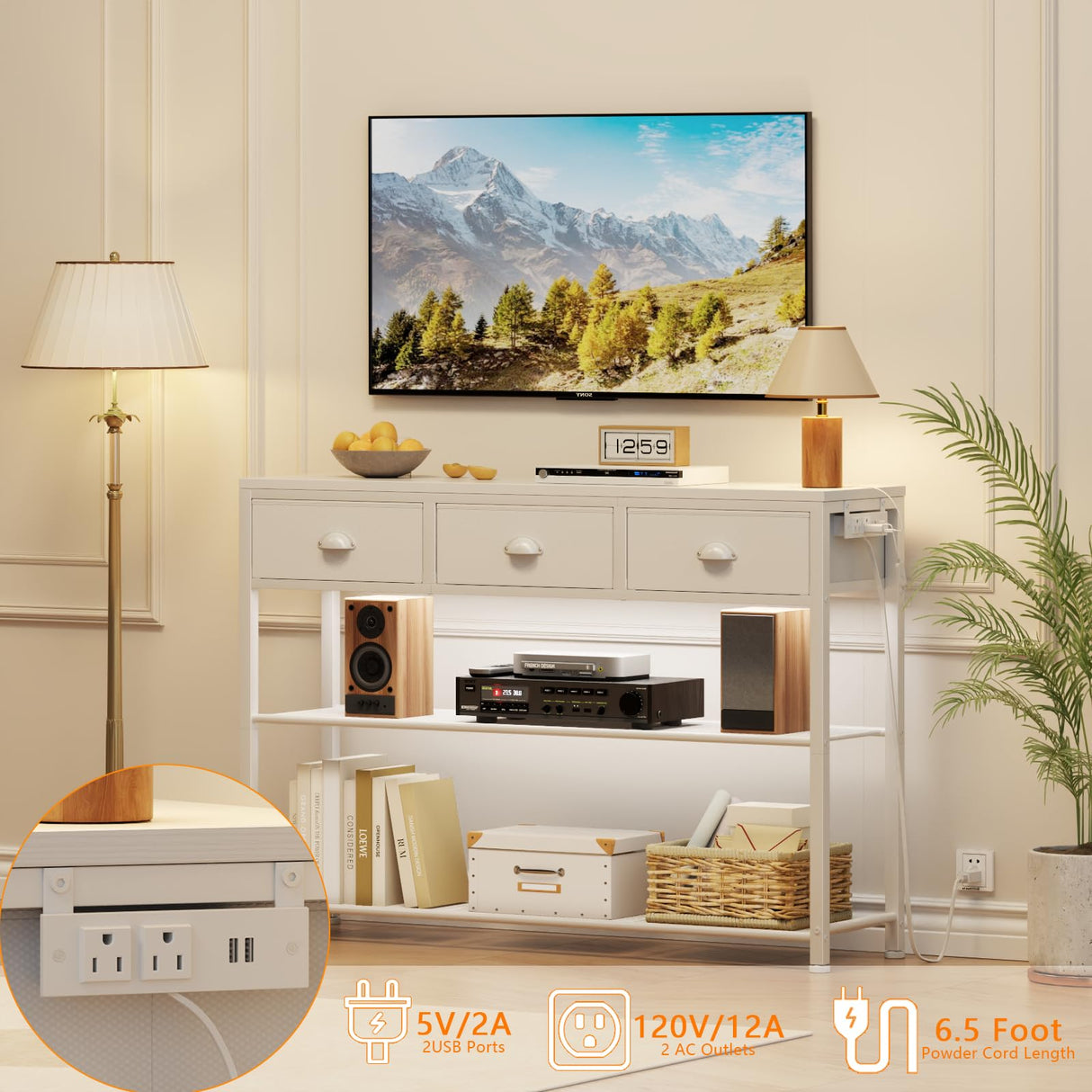 Furologee White Console Table with Charging Station & 3 Fabric Drawers, 38'' Entryway Table with Storage Shelves and LED Light, Industrial Foyer Table for Entry Way, Display Shelf for Hallway Furologee