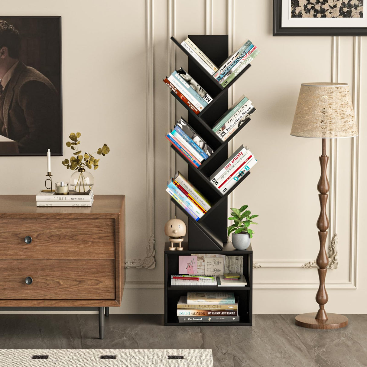 SHEEPAM 10 Tier Tree Bookshelf,Floor Standing Wood Tall Bookcase for Narrow Space, Storage Organizer Bookshelves for Books, Book Case for CDs/Movies/Books,Home Office,Living Room, Bedroom SHEEPAM