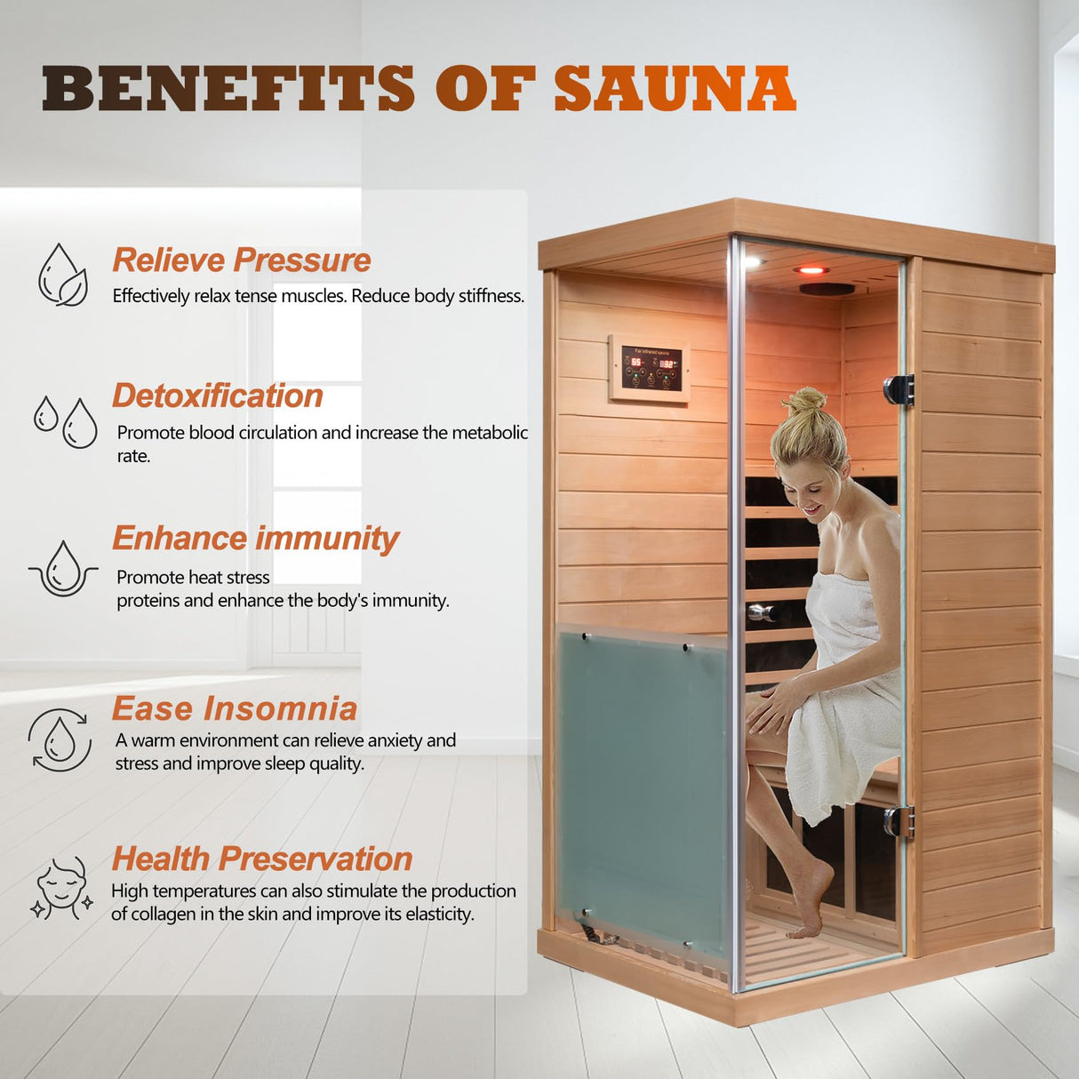 1 Person Infrared Sauna | Far Infrared Home Sauna | 1,060 watt | 6 Low EMF Heaters | Canadian Hemlock | Tempered Glass Door | Indoor Saunas with Red Lamp, Bluetooth, LCD, LED (Random Left/Right) Wizzisauna