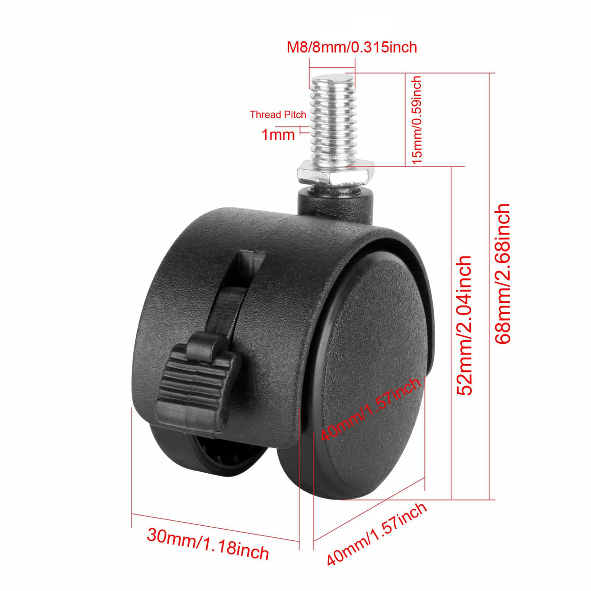 Dalyndar 4 Pack 1.5 Inch Swivel Stem Caster Wheels Replacement Casters 1.5'' Furniture Wheel with Locking Brake Metric Threaded Stem M8 Wheels for Table Drawer Plant Shelf Metal Rack Laundry Basket Dalyndar