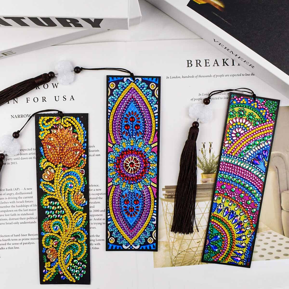 3 Pieces 5D Diamond Art Bookmark Kits for DIY Craft Diamond Art Dotz Bookmarks with Tassel for Beginner Kids Adults Women Book Lovers Rhinestones Beaded Leather Corner Bookmark Christmas Supplies yuntop